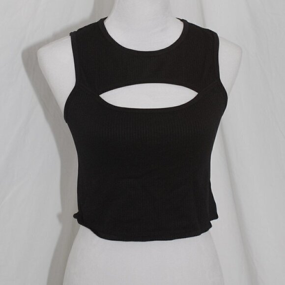 Peekaboo Chest 16” Crop Top Ribbed EUC Womens Black Tank Top - Picture 1 of 3